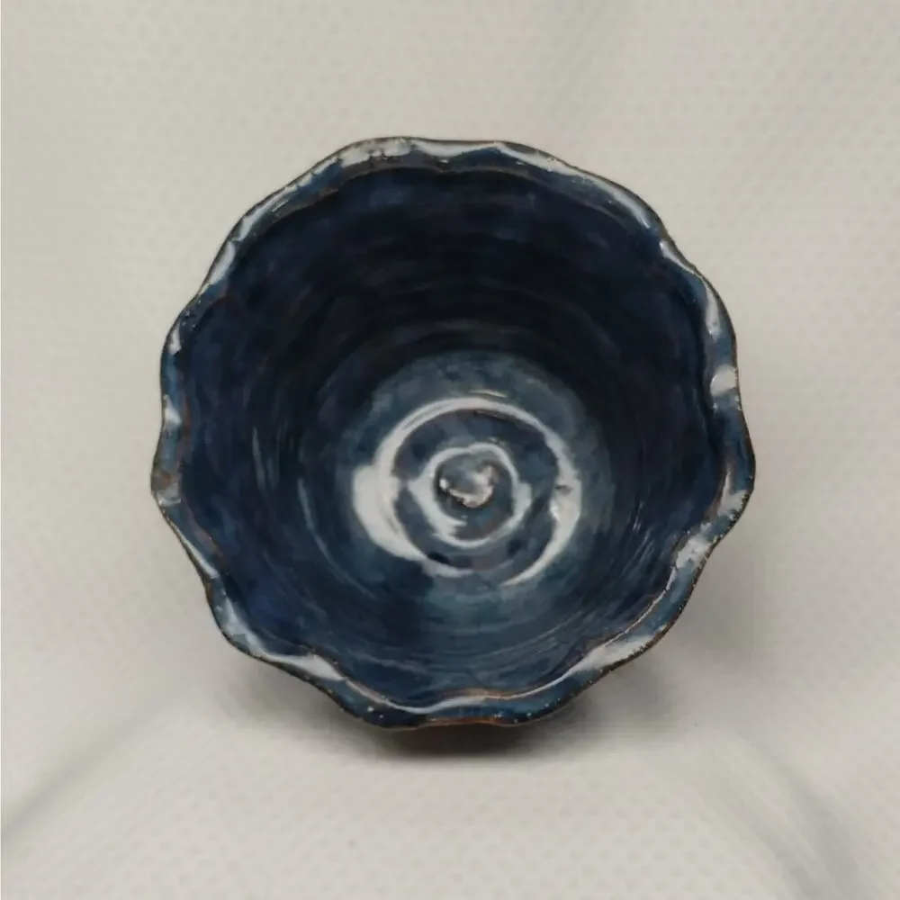 Studio Pottery Planter Blue Glaze Scalloped Edge Footed Hand Thrown Signed 5-In